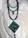 Collier multi rangs café turquoise, pendentif carré en bois résiné, bijoux uniques fait main
