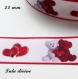 Ruban gros grain blanc liseré rouge ourson/ teddy rouge & blanc valentin de 22 mm vendu au mètre