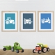 3 affiches tracteurs à la ferme sur fond bleu, chambre enfant, décoration garçon