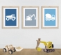 3 affiches enfant avec camions, engins de chantiers, bleu gris, déco chambre garçon