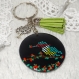 Porte clé rond 4cm + attache, décor oiseau martin pêcheur