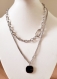 Collier chaine multirang en acier inoxydable pendentif médaille et barre cadenas argenté de qualité pour femme