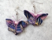Boucles d'oreilles, fait main, papillons tissu mauve,bleu, or , 2,5 x 4 cm, crochets et chaînes  en acier inoxydable 
