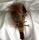 Serre-tête large  marron-beige décorée de plumes et de perles