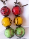 Boucles d'oreilles en perles de verre de murano authentique rouge, vert et jaune,3 perles rondes de 12 mm de diamètre,dormeuses bronze,