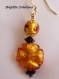 Boucles d'oreilles en perles de verre de murano authentique topaze et gold foil,perle pavé coussin de 15 x 15 mm et ronde 8 mm de diamètre,