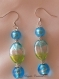 Boucles d'oreilles en perles de verre de murano authentiques, perle torsadée 15 mm,turquoise,vert acide,feuille d'argent,