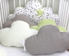 Tour de lit bébé 60cm large, nuages,  5 coussins , blanc, vert anis et taupe
