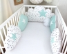 Tour de lit bébé 60cm large, nuages,  5 coussins , blanc, vert d'eau