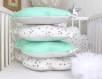 Tour de lit bébé 60cm large, nuages, 5 coussins , blanc à étoiles grises, vert menthe