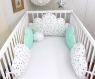 Tour de lit bébé 70cm large, nuages,  5 coussins , blanc à étoiles grises, vert menthe