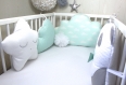 Tour de lit bébé en 60cm large, panda, nuage et étoile, vert d'eau blanc et gris