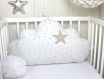 1 coussin nuage 60 cm large pour décoration chambre enfant, blanc à étoiles beiges