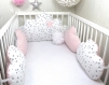 Tour de lit bébé 70cm large, nuages,  5 coussins, rose pâle, blanc étoiles grises