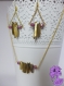 Bahia - parure bijoux ensemble boucles d'oreille et collier dorés perles quartz doré et perles roses