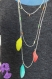 Tropical - collier multirang chaîne métal argenté perle de rocaille et plumes multicolore