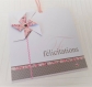 Carte félicitations avec moulin à vent, blanche et rose fleurie et son enveloppe. carte de félicitations, naissance, baptême, mariage