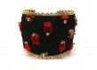 Bracelet manchette soie rouge,noir et perles de verre dorées 