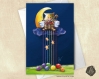 Carte de voeux  fête des mères amitié saint-valentin lune et pelotes arc-en-ciel illustration originale