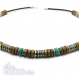 Collier homme perles 8mm pierre naturelle véritable turquoise, bois, métal, cuir, couleur argent vieilli tibétain 