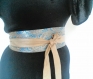 Ceinture style obi en soie brochée or et turquoise , réversible en lin doré à nouer , taille unique réglable 