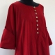 Longue tunique femme en coton bordeaux uni , col rond et boutons sur le devant 
