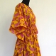 Tunique longue kaftan jaune et rose en coton voile imprimé motif paisley 