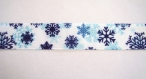 Ruban gros grain blanc décoré de flocons de neige bleus, largeur 22 mm 