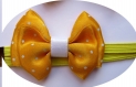 Bandeau headband élastique avec noeud papillon en tissu satin jaune à petits pois blancs 