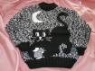 Pull chic fille noir et blanc, petit chat au clair de lune , laine fantaisie , 4 ans, tricoté main 