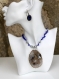 Parure ras-de-cou pendentif agate-boucles d'oreilles lapis lazuli-verre bohème-swarovski argentée et bleue modèle 