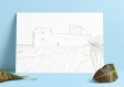 Carte 10 cm x 15 cm illustration outlander, dessin blackness castle, claire et jamie fraser, illustration blackness castle, chateau outlander, dessin ecosse