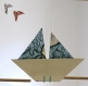 Mobile bébé origami suspension en bois chambre enfant bateau voilier poisson méduse babyshower bleu, beige, jaune, orange