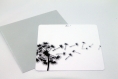 Carte postale « seminare » en gris, noir et blanc illustrée d’une fleur semant ses graines