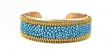 Bracelet manchette cuir de galuchat turquoise et biais à glissière doré 